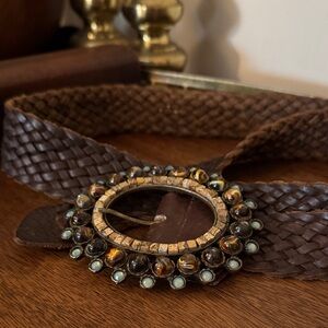 Vintage Leatherock Brown Woven Belt with Beaded Stone Buckle